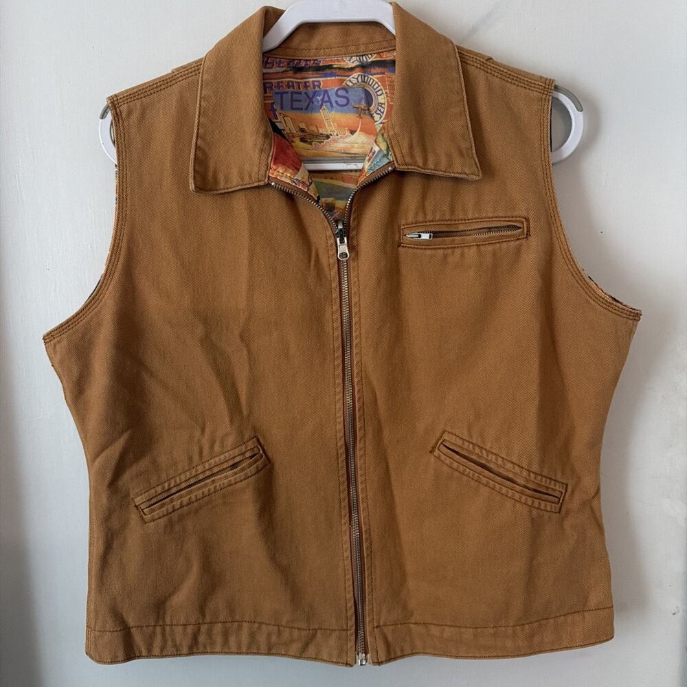 Ethyl Western Canvas Vest w/Satin Embellished Lining Reversible Texas Scene XL